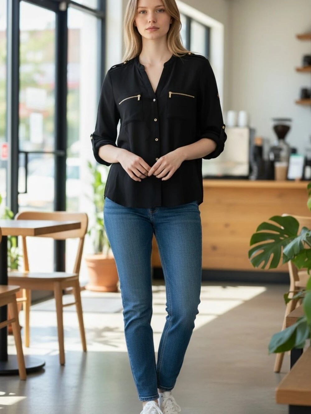 Calvin Klein Black Zip-Pocket Button Front Women's Top Size Medium